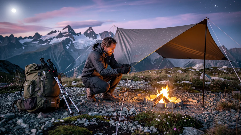 Bivouac en montagne sous tarp minimaliste au crépuscule avec feu et ciel étoilé, choix assumé après lutte avec haubans