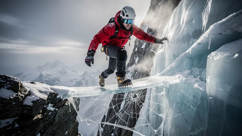 Moment intense où la glace cède sous les crampons d'un alpiniste sur une vire glacée