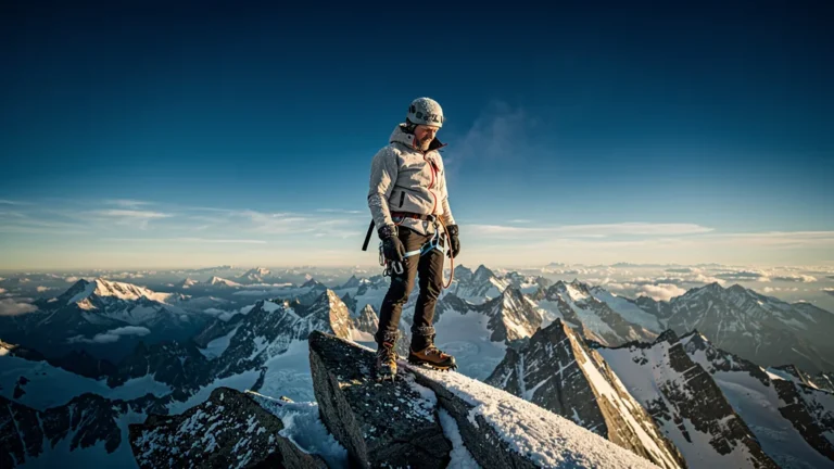 Silence d'altitude apaisant un alpiniste solo face aux sommets enneigés, moment de relativisation du chrono