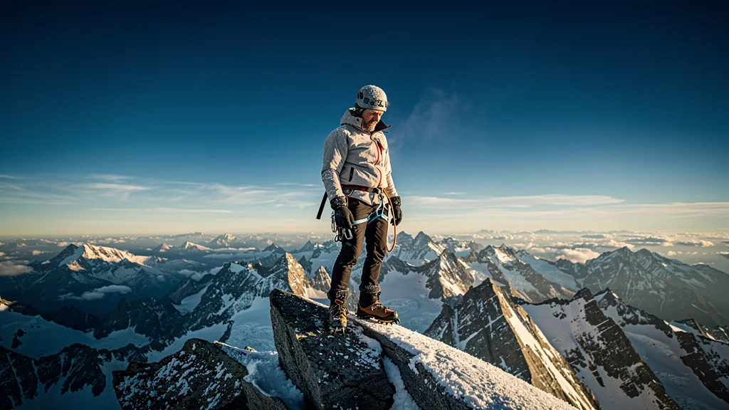 Silence d'altitude apaisant un alpiniste solo face aux sommets enneigés, moment de relativisation du chrono