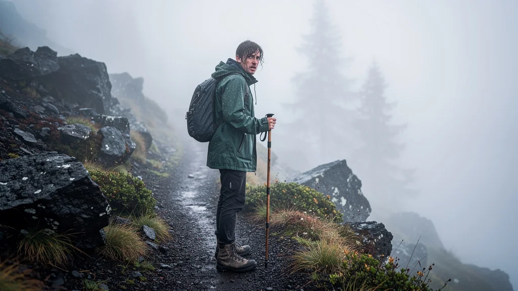 Hiker lost in the dense fog of the Sancy mountains, doubting their path on a misty trail