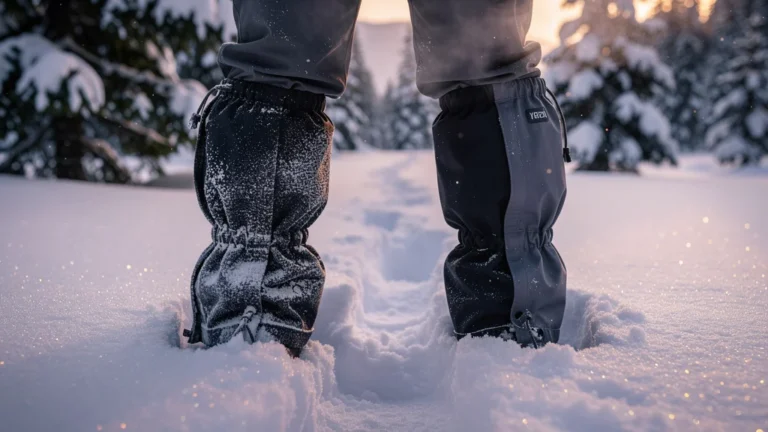 Comparaison de deux paires de guêtres dans la neige profonde, réglage sous-pied et pantalon pour garder les pieds secs