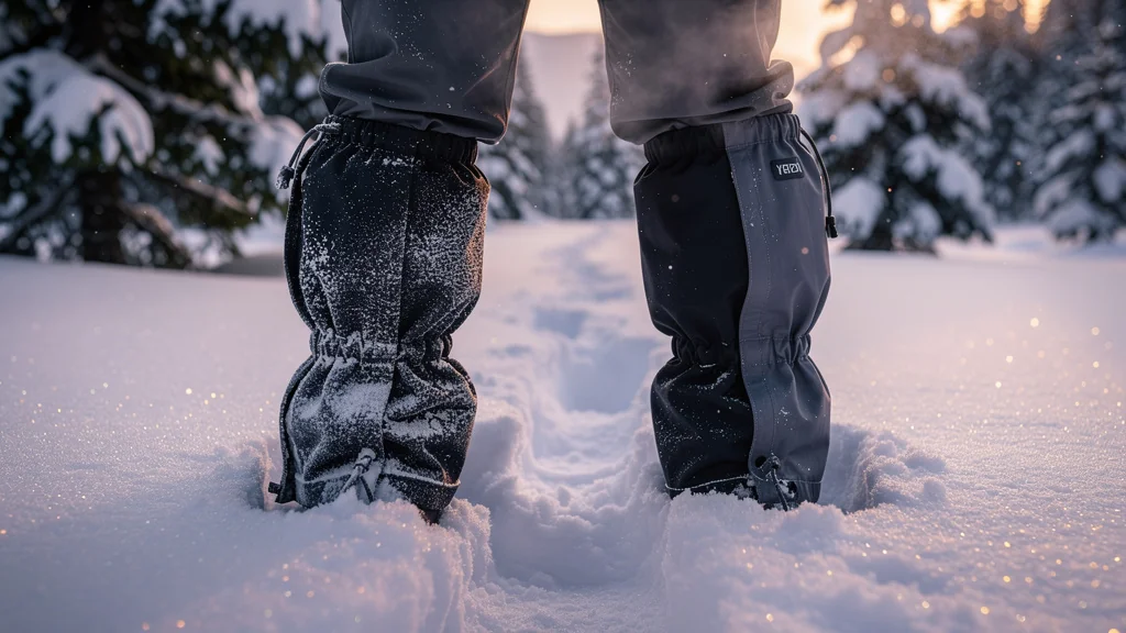 Comparaison de deux paires de guêtres dans la neige profonde, réglage sous-pied et pantalon pour garder les pieds secs