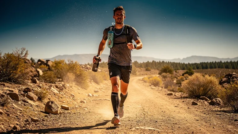 Comparaison hyper-réaliste entre poche à eau et gourde sur un trail de 25 km sous 30 degrés