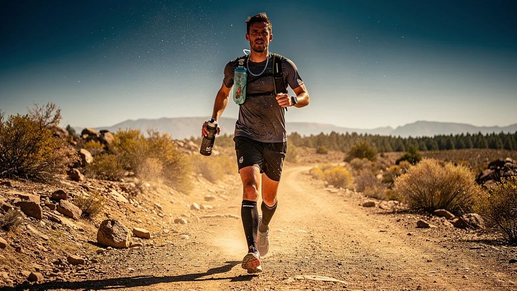 Comparaison hyper-réaliste entre poche à eau et gourde sur un trail de 25 km sous 30 degrés