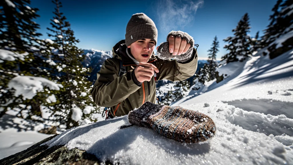 Personne retirant une moufle en montée raquette, mains moites, choix gants fins ou moufles en hiver