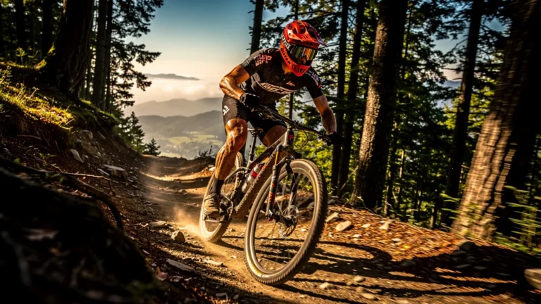 VTT descente rapide brûlant les cuisses, cycliste en tension intense sur sentier montagneux