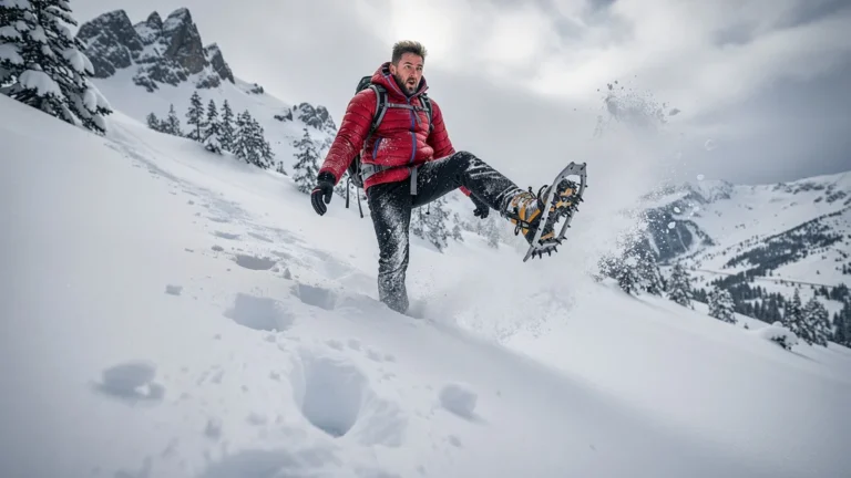 Montagnard dont les raquettes se déchaussent en pleine montée poudreuse sur pente enneigée alpine