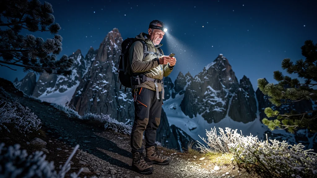 Homme en montagne la nuit testant l’autonomie de sa frontale rechargeable sur plusieurs sorties