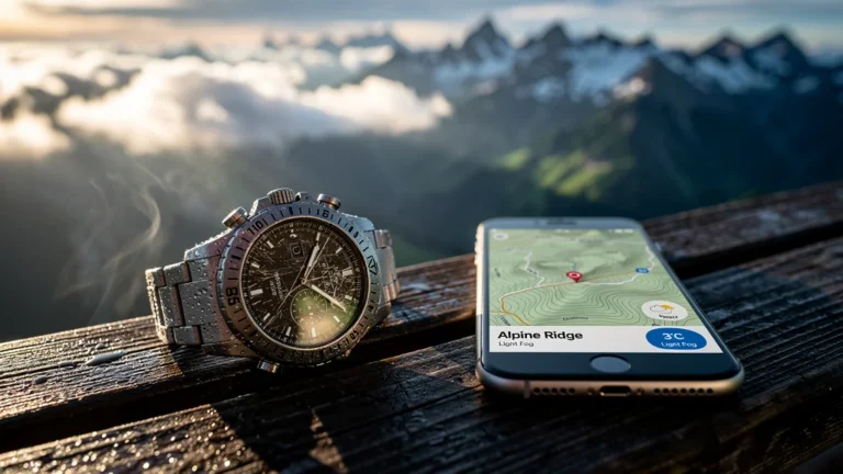 Montre altimètre posée sur un banc en bois en montagne après une télécabine, smartphone à côté