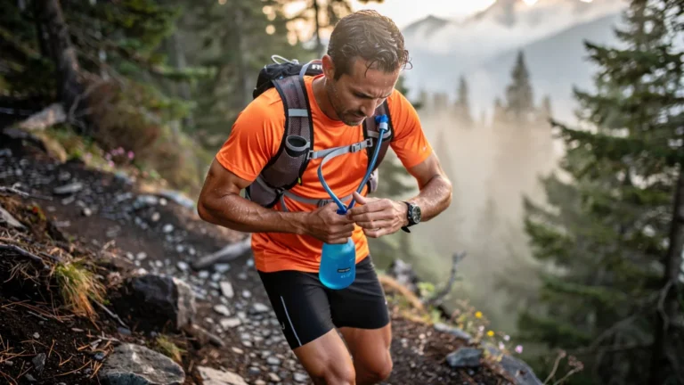 Trail runner frustré par un tuyau pincé de poche à eau en pleine descente en montagne