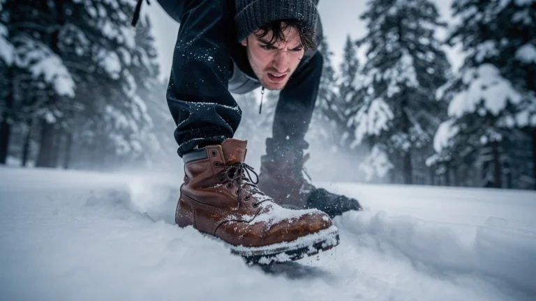 Hiver randonnée chaussures remplies de neige faute de guêtres, scène réaliste de déception et froid intense