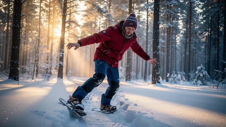 Personne glissant sur la neige avec des raquettes mal réglées lors d’une randonnée hivernale