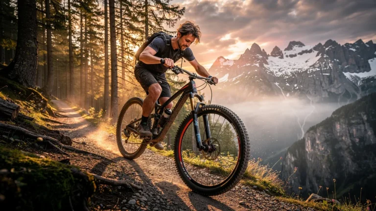 Biker en montagne inspectant un pneu tubeless, scène réaliste illustrant VTT et choix pneus tubeless ou chambre à air