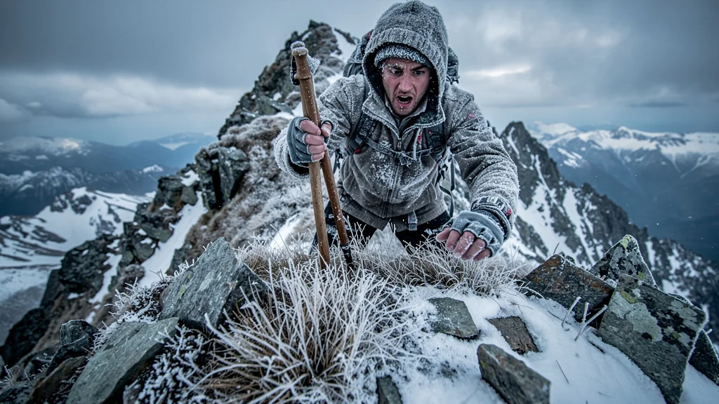 Hiker losing grip on trekking poles due to freezing fingers on a snowy mountain ridge