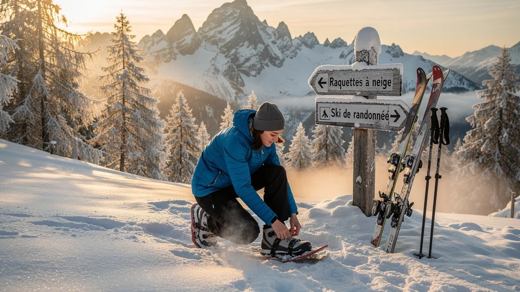 Débuter l’hiver avec raquettes à neige ou ski de rando : paysage montagnard enneigé au lever du jour