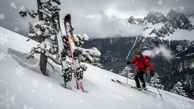 Skis de randonnée fartés maison sur neige poudreuse lors d’une journée en montagne