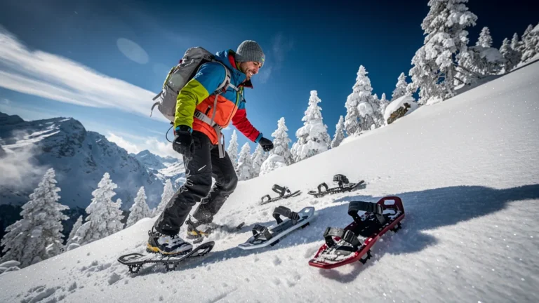 Homme testant trois paires de raquettes sur une montée poudreuse de 600 mètres en montagne enneigée