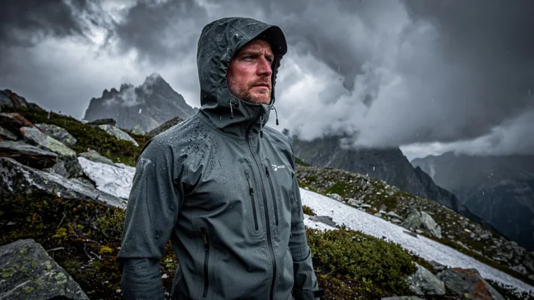 Homme en veste imperméable mi-saison face à une tempête alpine en pleine montagne
