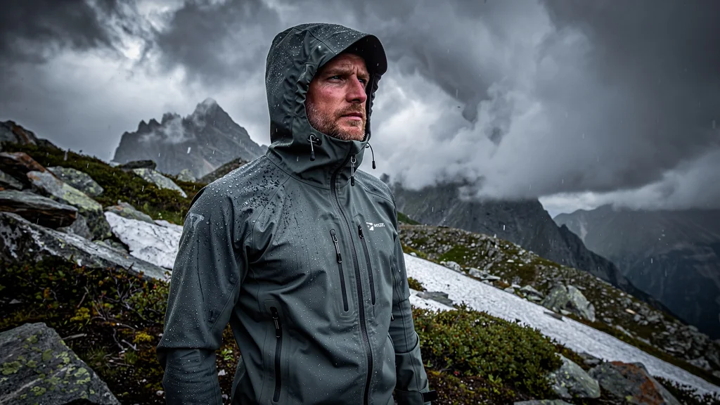 Homme en veste imperméable mi-saison face à une tempête alpine en pleine montagne
