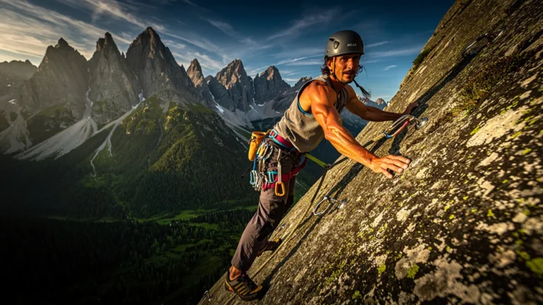 Escalade à 45 degrés en montagne avec grimpeur masculin concentré en pleine ascension réaliste