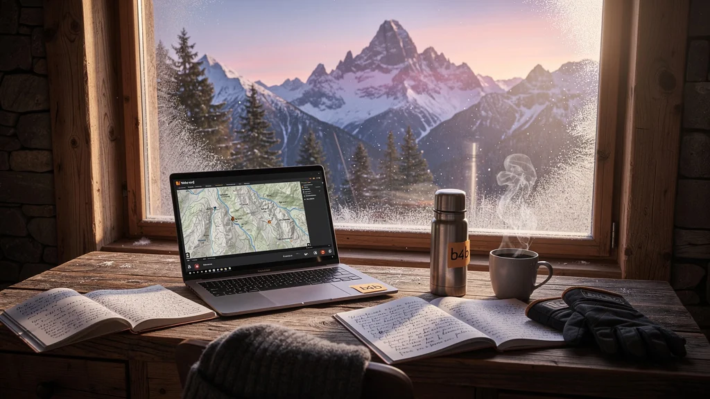 Bureau avec vue sur montagnes enneigées au lever du soleil, ambiance montagnarde et écriture sportive