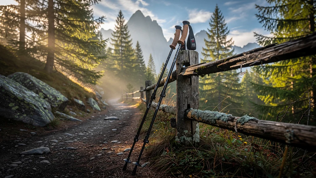 Photo hyper-réaliste d’un baton trail posé sur un sentier de montagne au lever du soleil