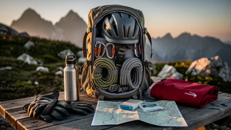 Sac à dos préparé avec équipement pour via ferrata avant première ascension en montagne