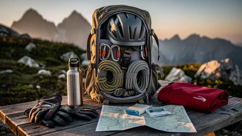 Sac à dos préparé avec équipement pour via ferrata avant première ascension en montagne