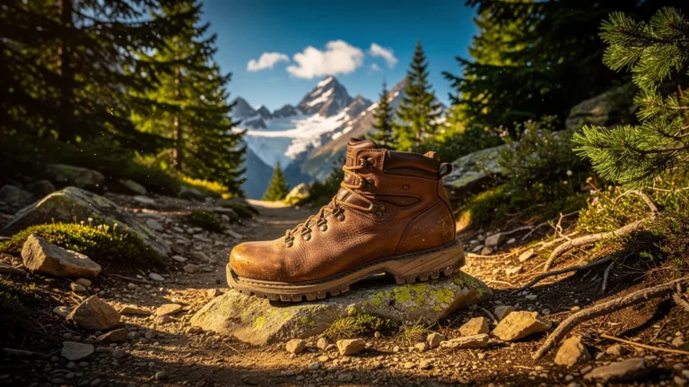 Chaussure de randonnée homme robuste posée sur sentier montagneux après 50 km de marche, confort et autonomie