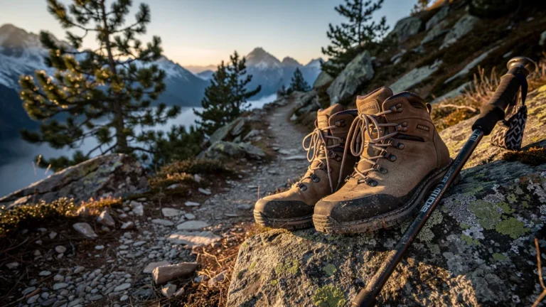 Chaussures de randonnée femme robustes posées sur un sentier montagneux après 50 km de test