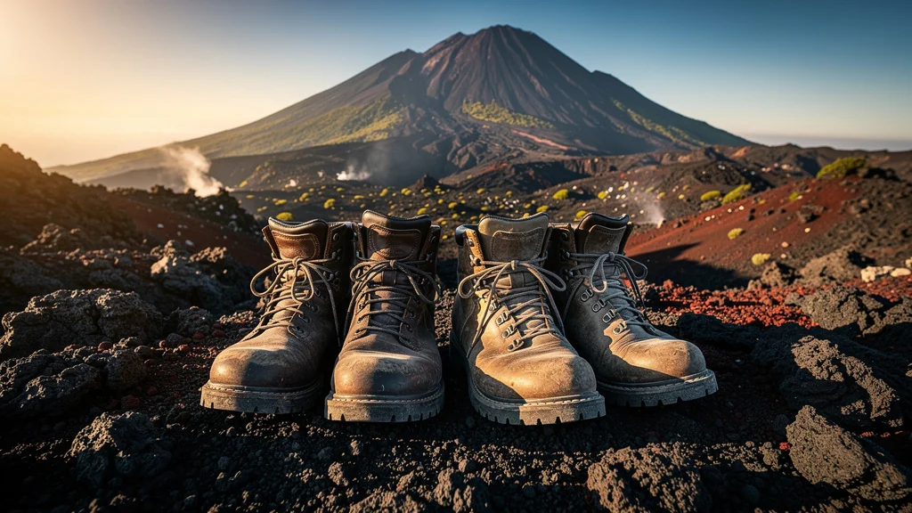 Deux paires de chaussures de randonnée sur terrain volcanique avec lumière dorée et détails ultra-réalistes