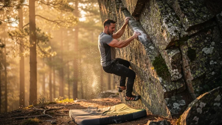 Homme grimpeur d’escalade bloc concentré sur un rocher naturel, ambiance montagne réaliste en lumière dorée