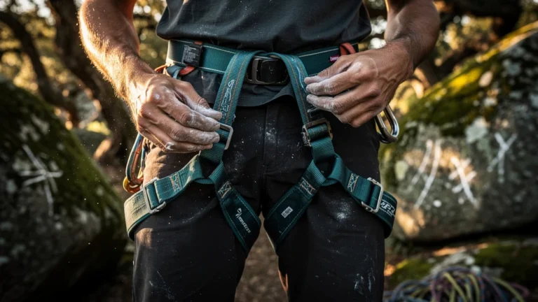 Comparaison hyperréaliste de deux baudriers d'escalade après une saison de bloc en plein air