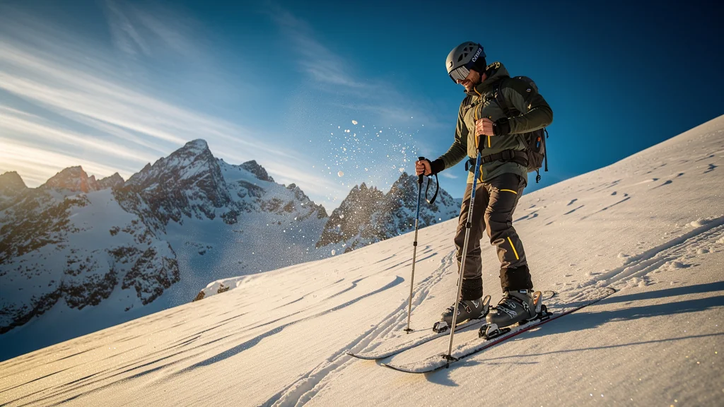 Ski de randonnée homme 37 ans en montagne lumineuse, effort et nature sauvage en ski de randonnée