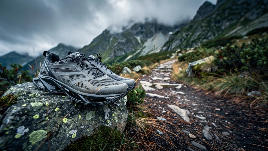 Chaussures de trail à plaque carbone posées sur un sentier de montagne sauvage, non adaptées au randonneur