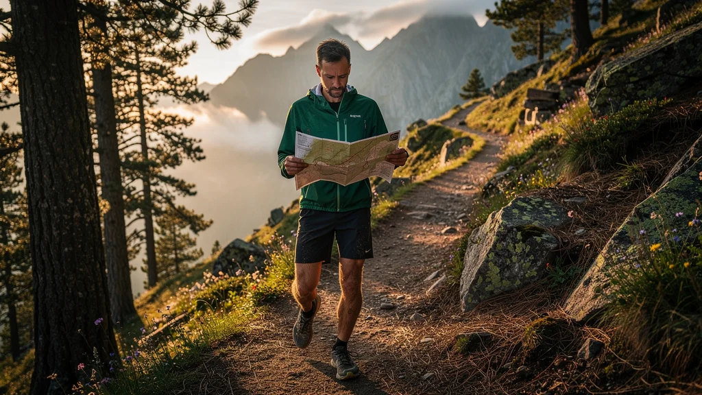 Homme lisant un dénivelé positif avant de s'engager sur un trail de montagne au lever du soleil