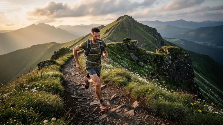 Homme courant en trail dans les montagnes d'Auvergne, affrontant un fort dénivelé au lever du jour