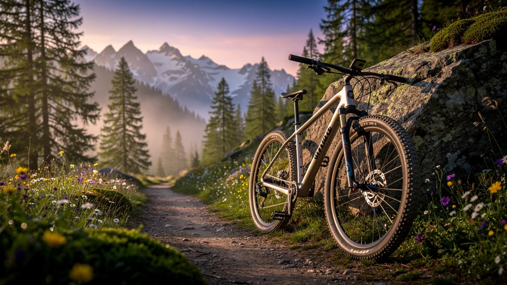Photo ultra-réaliste d’un vélo de montagne sur sentier alpin au lever du soleil avec paysage de montagne en arrière-plan