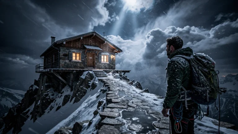 Refuge de montagne isolé sous tempête nocturne, symbolisant une nuit difficile sans vérification météo