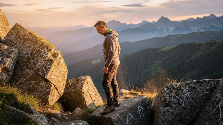 Homme de 37 ans contemplant des blocs d’escalade en montagne, illustrant le changement de pose des pieds