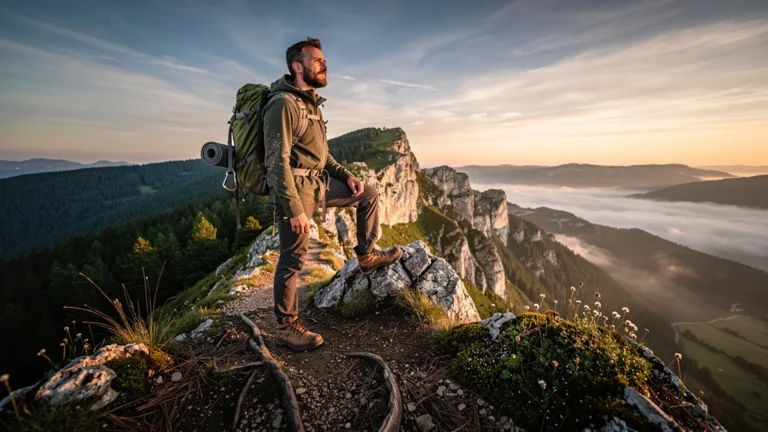 Randonneur vivarois homme de 37 ans au sommet d’une montagne au lever du soleil, paysage Vivarais
