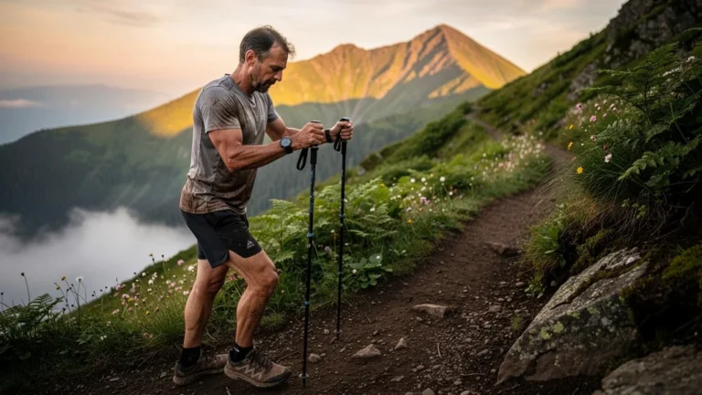 Homme réglant ses bâtons de trail sur une longue montée du Sancy en plein effort