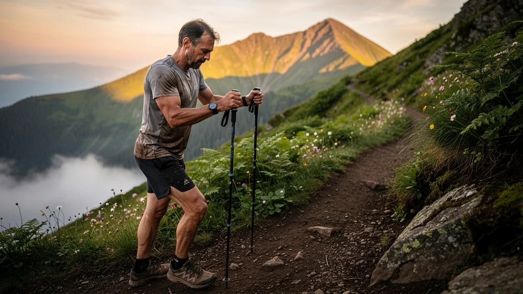 Homme réglant ses bâtons de trail sur une longue montée du Sancy en plein effort