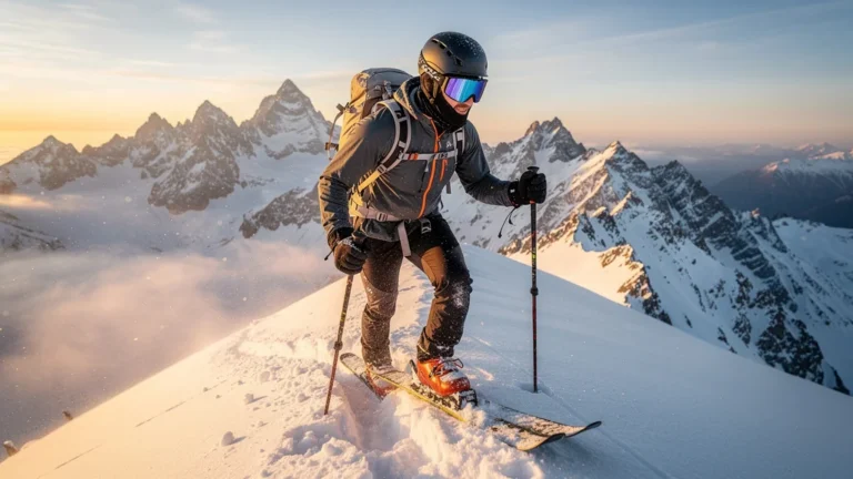 Ski alpinisme extrême en haute montagne avec athlète masculin en action après 12h de test