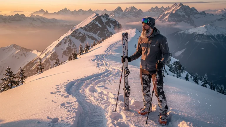 Ski de randonnée performant au coucher de soleil dans les Alpes avec skieur expérimenté en tenue technique