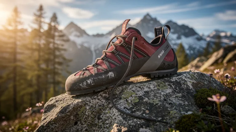 Soulier escalade posé sur un rocher granitique en montagne au coucher de soleil, prêt pour l’escalade