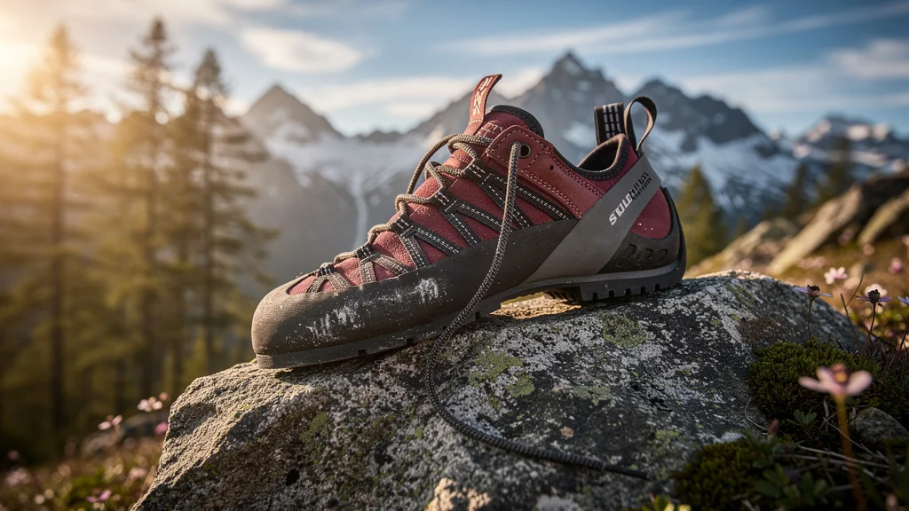 Soulier escalade posé sur un rocher granitique en montagne au coucher de soleil, prêt pour l’escalade