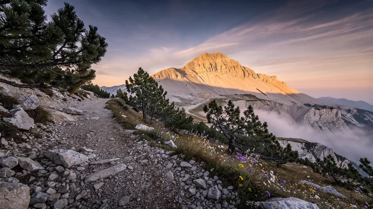 Panorama réaliste du sentier du trail du Ventoux à l’aube, ambiance montagne sportive et nature sauvage