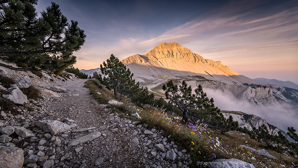 Panorama réaliste du sentier du trail du Ventoux à l’aube, ambiance montagne sportive et nature sauvage